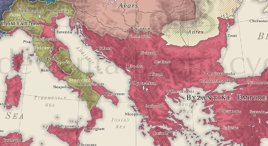 Map of the Byzantines, Lombards and Avars around 600 CE
