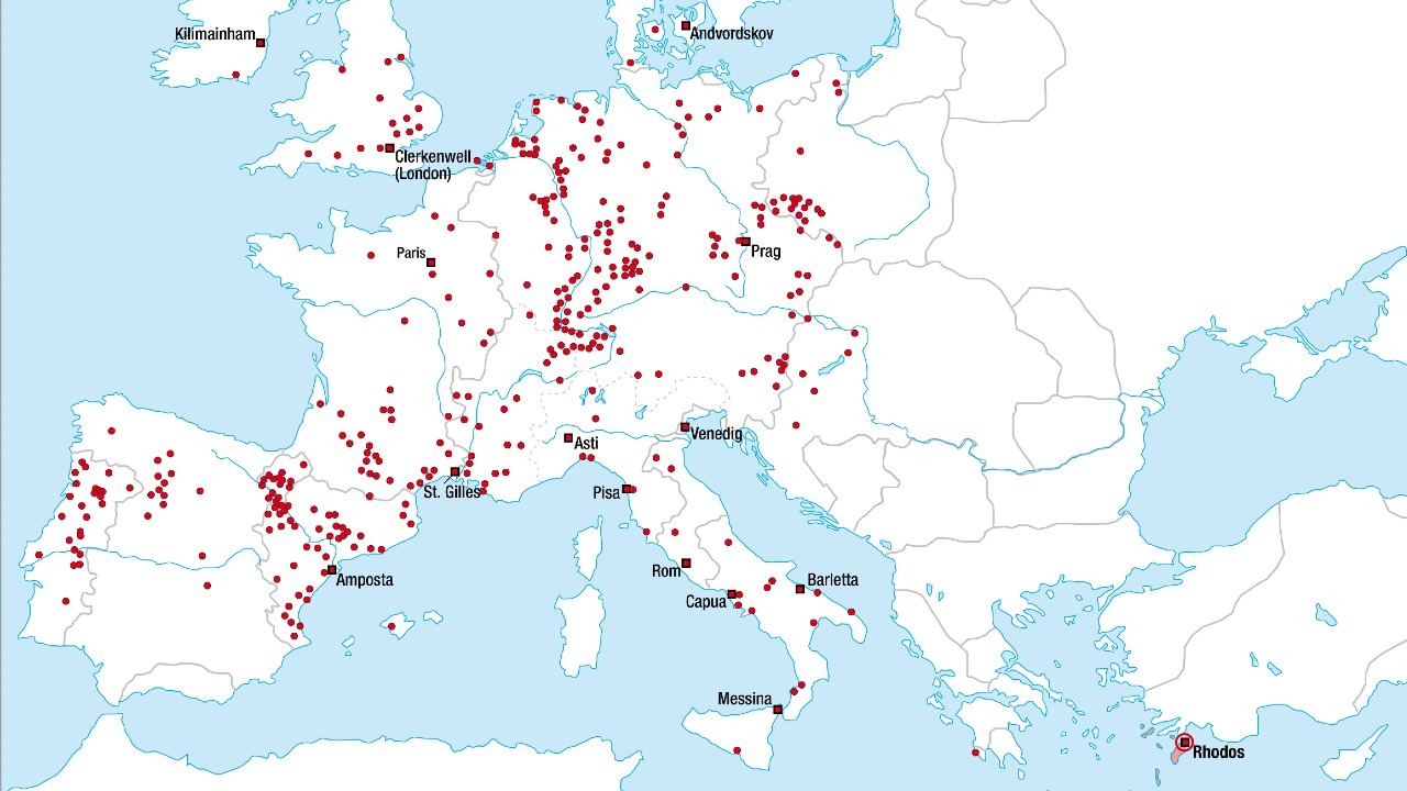 Map of the possessions of the Knights Hospitaller around 1300 CE